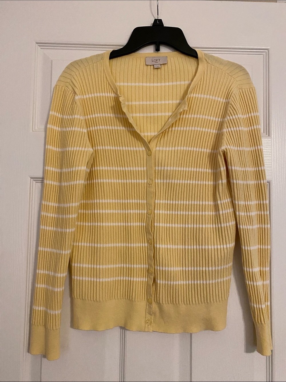 LOFT Yellow and White Striped Ribbed Button-Front Cardigan
